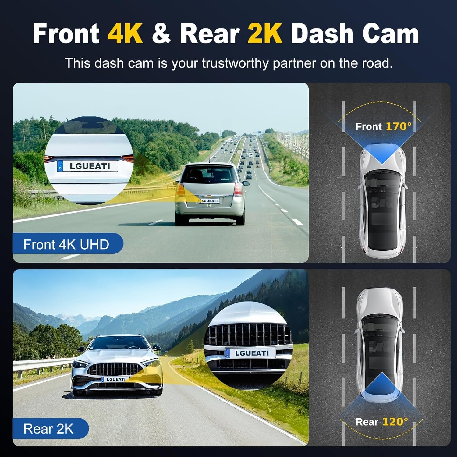 4K+2K Dash Cam Front and Rear, Free 64GB Card Included, 5.8Ghz Wifi Dash Camera for Cars, Built-In G-Sensor, 3.2” IPS Screen, 170°Wide Angle, Night Vision, 24 Parking Mode