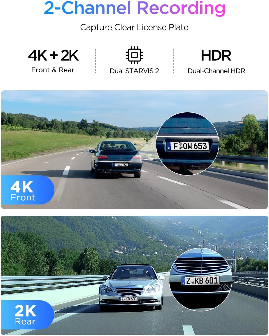 A329S 4K 60FPS Dash Cam Front and Rear, 4K+2K Dual Dash Camera for Cars, Power Saving Parking Mode, Wi-Fi 6 App Control, Dual STARVIS 2 Sensors, Supports up to 4TB SSD
