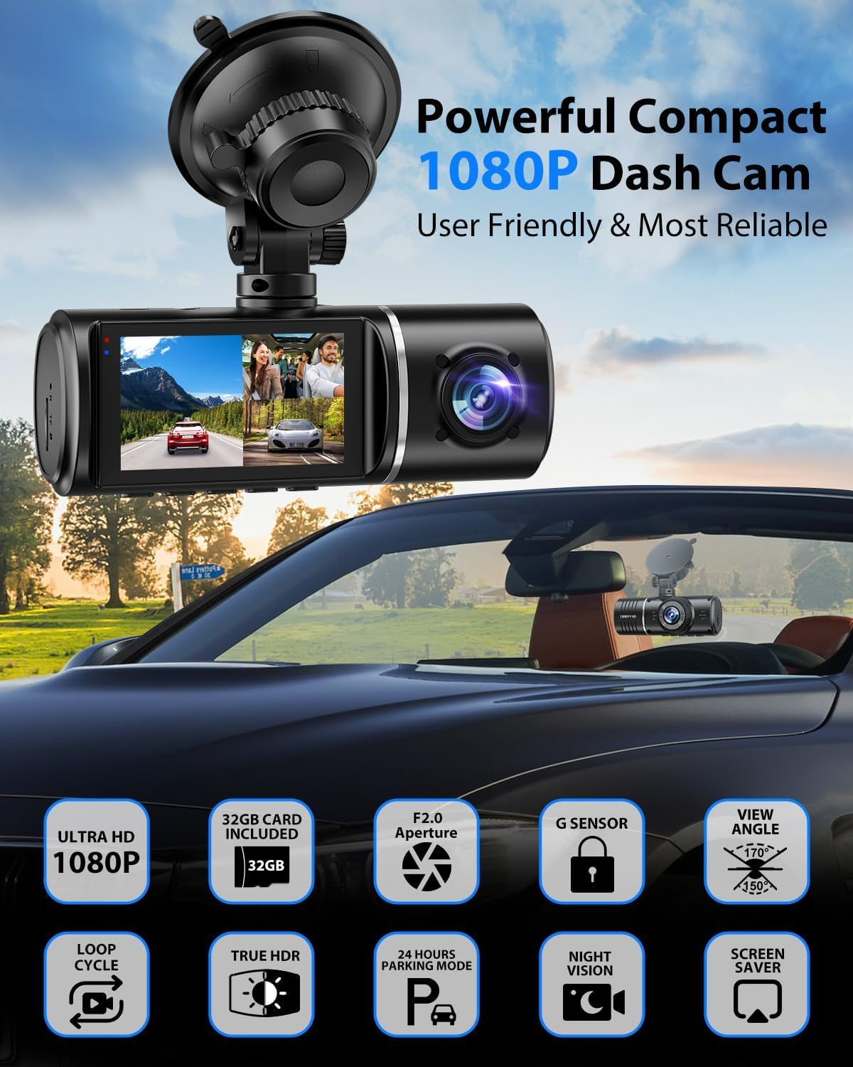 Dash Cam Front and Rear, 1080P Dash Camera for Cars, 3 Channel Car Camera Front Rear and inside with 32GB Card, Loop Recording, Night Vision, HDR, 24Hr Parking, G-Sensor